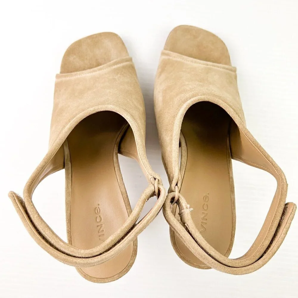 Vince Women Quest Slingback Beige Kitten Heel Leather Suede Sandals Sz 9.5M NEW